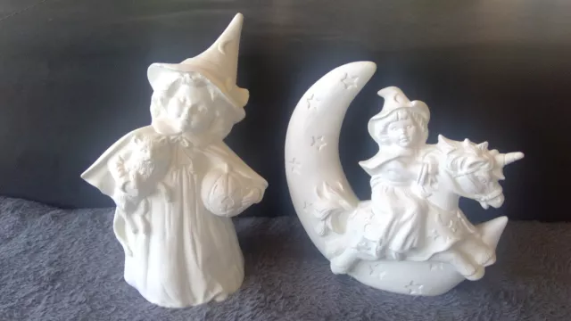 LOTE de cerámica vintage lista para pintar de Halloween de brujas con gato y en la luna
