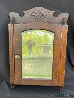 Antique Carved Oak Medicine Cabinet w/ Beveled Glass Mirror Circa 1910