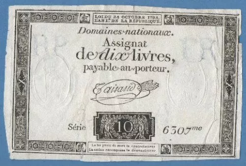 Assignat 24 Octobre 1792 de Dix Livres ..L'an 1 de la République.Filigrane RP-FR