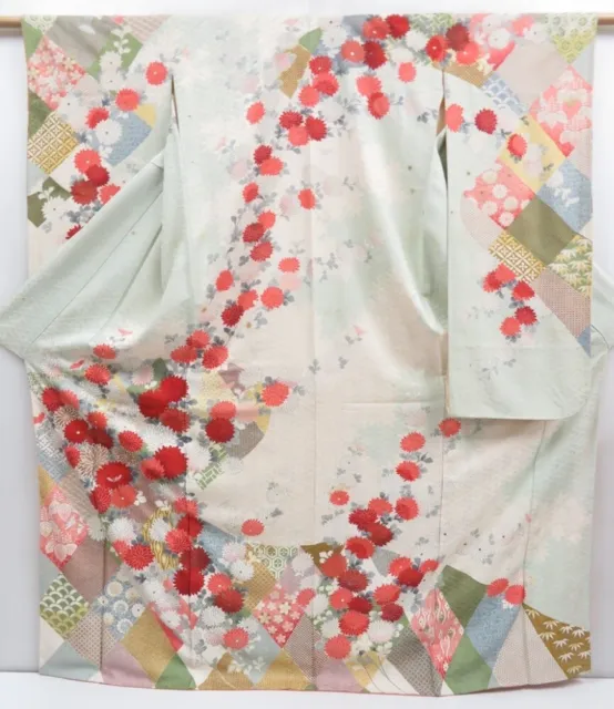 3709T10z1110 Vintage Japanese Kimono Silk FURISODE Chrysanthemum Off-white