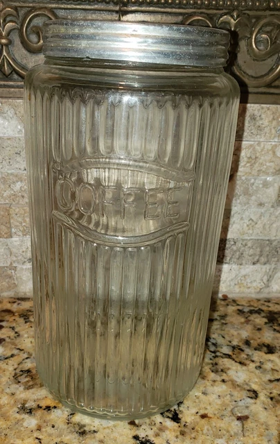 VTG. 1930's HOOSIER CABINET RIBBED GLASS COFFEE JAR w/LID