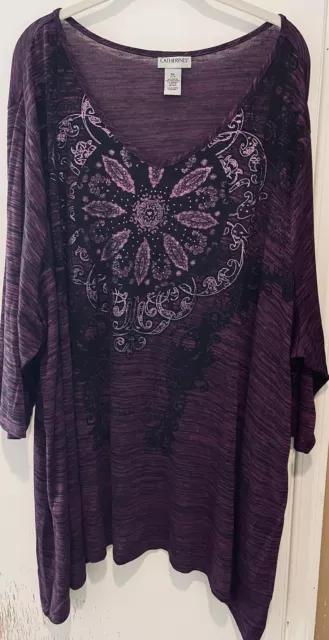 Catherines Plus Sz 5X 34/36 Studded Purple Stretch Tee Floral Boho Top Tunic EUC