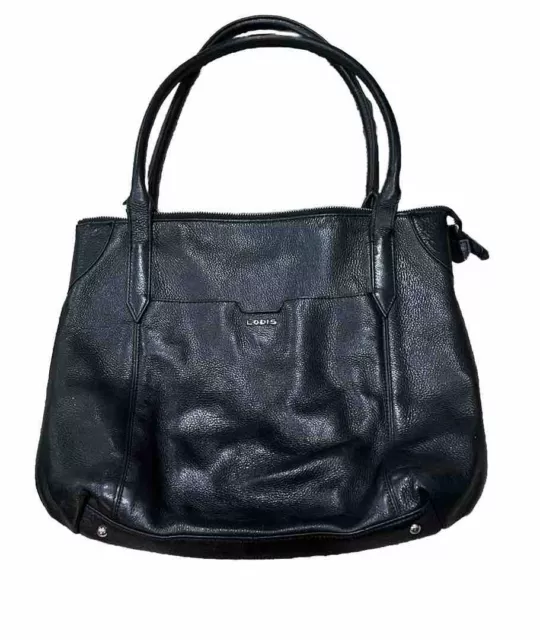 LODIS Tote Shoulder Bag Womens Pebble Black Leather Double Strap Zip