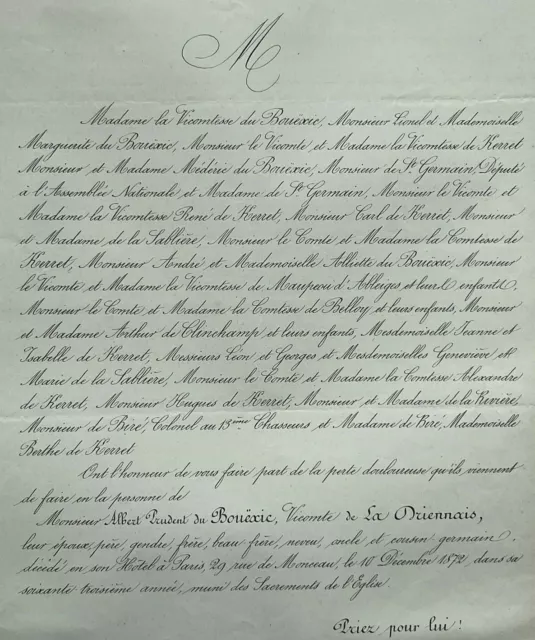 PRUDENT DU BOUEXIC Kerret FAIRE PART Maupeou Ableiges CLINCHAMP Sabliere 1872