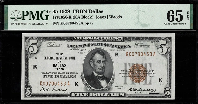 1929 $5 Federal Reserve Bank Note - Dallas - FR.1850-K - Graded PMG 65 EPQ