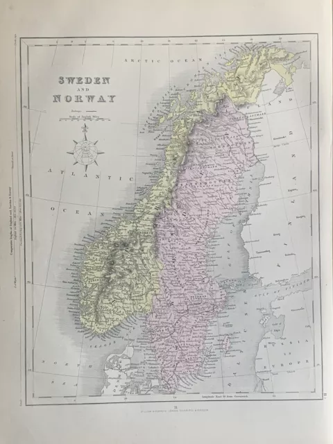 1871 Sweden & Norway Fully Hand Coloured Original Antique Map by Joshua Archer