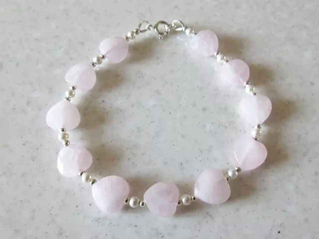 Elegant Rose Quartz Heart Beads Bracelet With White Swarovski Pearls & St Silver