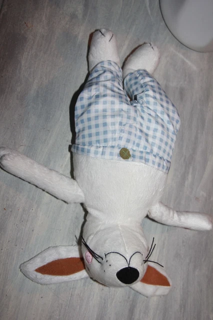 DOUDOU peluche  IKEA LAPIN  BLANC  PANTALON VICHY BLEU SKOGSHARE NEUF 2