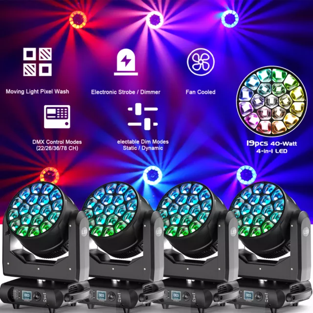 4Stk 19X40W LED 4in1 RGBW Pixel Wash Zoom Moving Head DMX Bee-eye dj Stagelicht