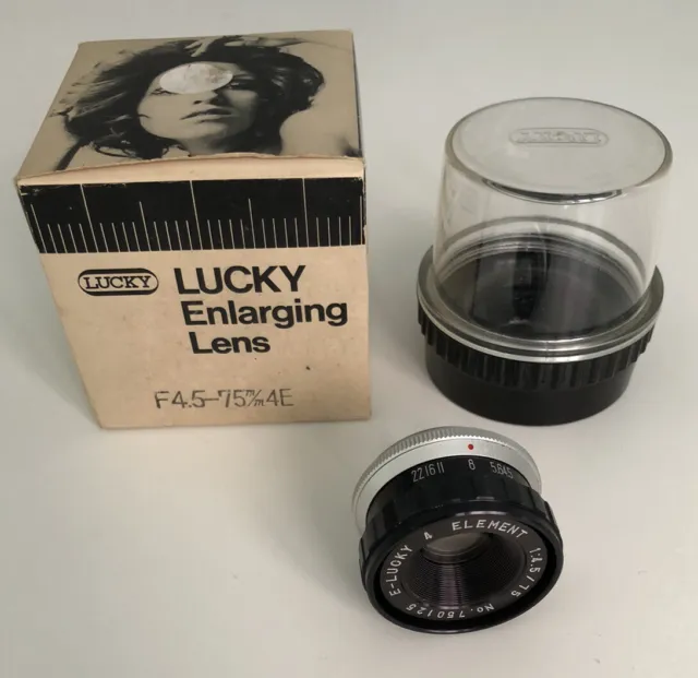 Fujimoto Lucky Darkroom Enlarging Lens 75mm f4.5 6cm x 6cm Case Box Macro Nice