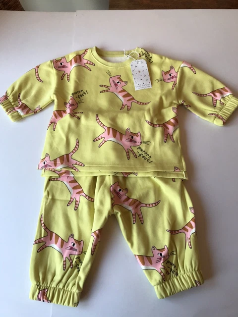 Next Baby Girls Yellow Pink Cat Pyjamas Age 9-12 Months *BNWT*