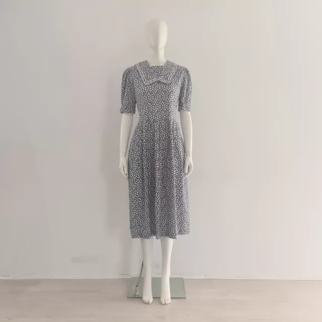 Vintage Laura Ashley Seemannskleid UK 12 14 EU 40 42 blau weiß Blumenmuster Midi 1980er Jahre