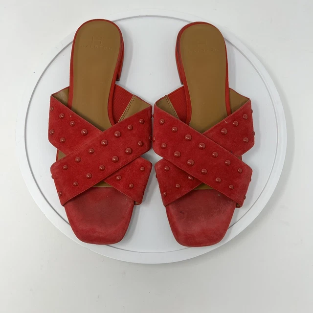 H by Halston Shoes womens 7.5 Designer Nora Slide Sandals Studded Square Toe red H by Halston Shoes womens 7.5 Designer Nora Slide Sandals Studded Square Toe red