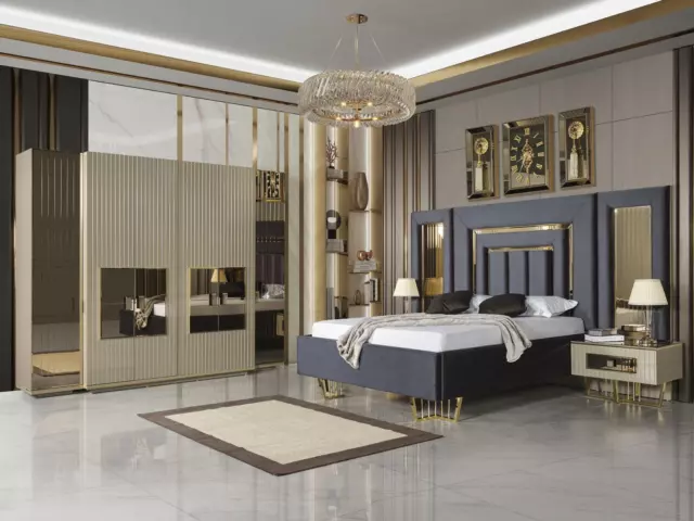 Luxe Chambre à Coucher Meuble Lit + 2x Table de Chevet Penderie Lits 4tlg