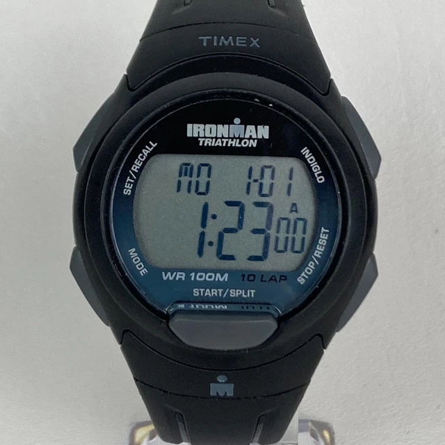 TIMEX IRONMAN TRIATHLON Watch Men Digital Black Blue Indiglo 10 Lap New