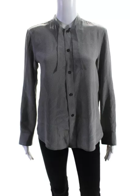 Saint Laurent Womens Tie Neck Polka Dot Button Up Top Blouse Gray Size FR 38