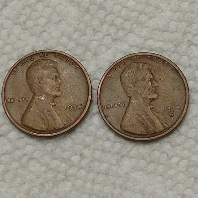 1934-P 1934-D Lincoln Wheat Cent Penny Set, 2 Coins Lot