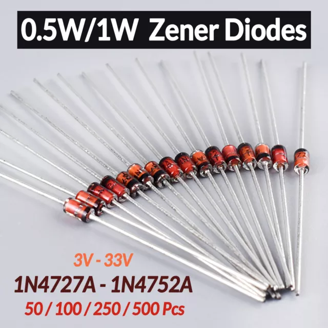 0.5W/1W Zener Diodes, 3V - 33V, 1N4727A-1N4752A, Pack of 50/100/250/500