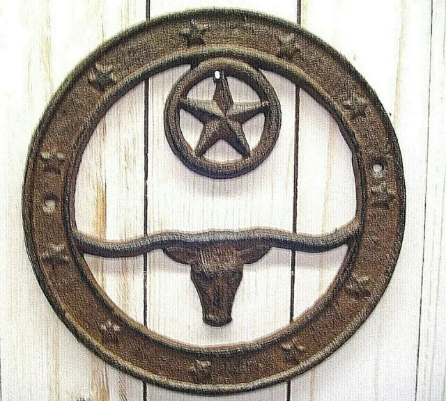 WESTERN DECOR, RUSTIC LONGHORN WALL PLAQUE with STAR, CAST IRON, HOME, RANCH