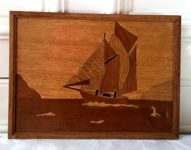 Vintage Wood Marquetry Inlay Boat Picture Frame 26cm by 19cm