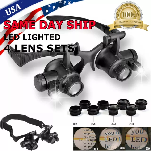 8 Lens Jewelry Watch Repair Magnifier Double Eye Loupe Glasses With LED Light US