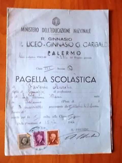 Pagella scolastica 1943-44 Regio Ginnasio Giuseppe Garibaldi - Palermo