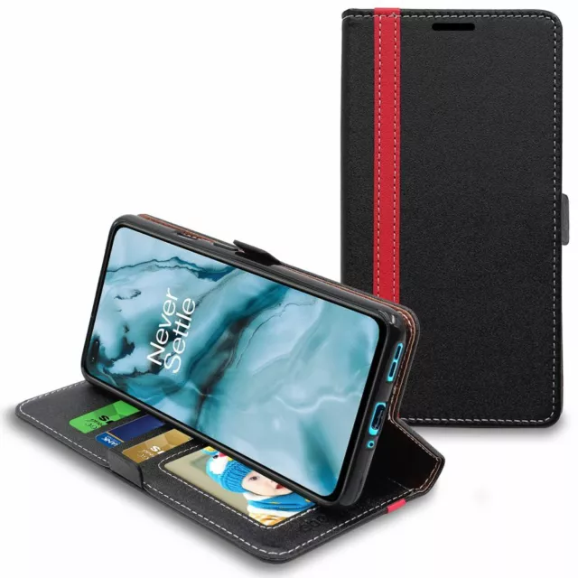 Case OnePlus Nord Lined Wallet Flip Cover Leatherette Card Holder, Black / Red