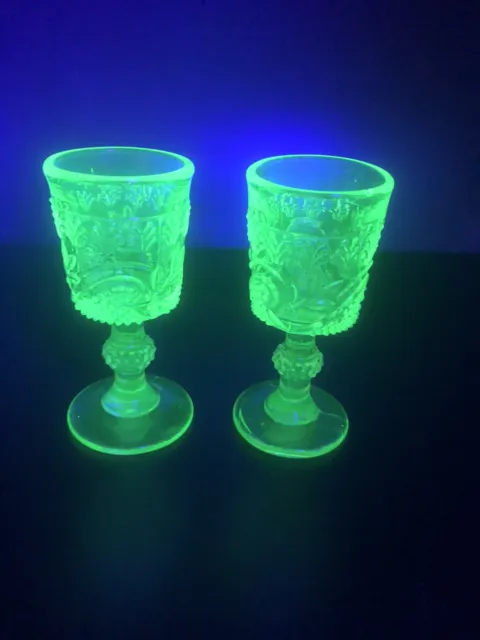 Pair Vintage French Uranium/  Vaseline glass liquor Glasses  Uranium Glow
