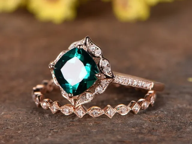 Geschenk für Sie 14k Gold Simulierte Smaragd Diamant Set Viktorianisch Verlobung