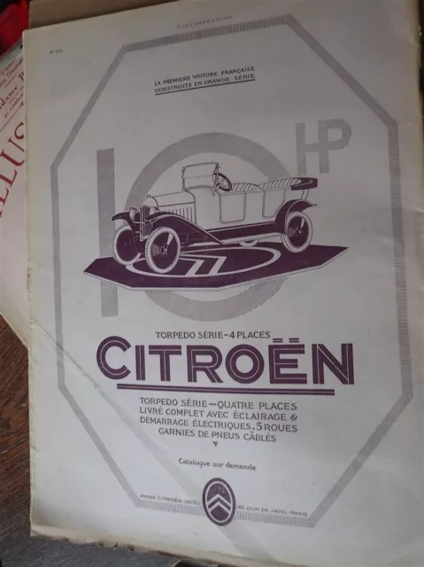CITROEN torpédo 4 places 98 publicité papier l'ILLUSTRATION 1923 col pli