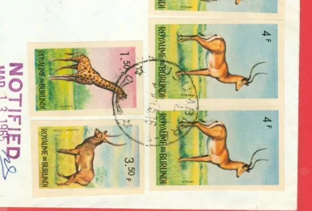 Burundi Topic Deer Hippo Giraffe 7 Imperf stamp used on Registered cover to USA