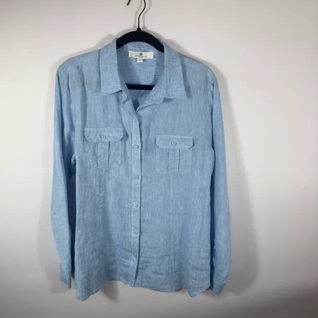 Jean Pierrleklifa Blue 100% Linen Long Sleeve Button Up Shirt Women Size Large