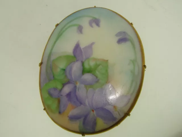 Beautiful Victorian Gold Washed Limoges Porcelain Hand Painted Violets Pin!