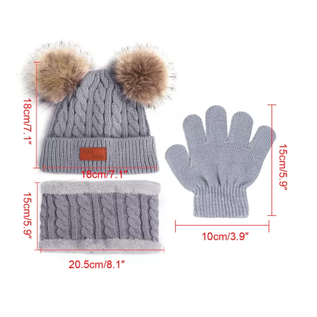 3PCS/set Kids Hat Scarf Gloves Set Baby Winter Warm Girls Boys Pompom Beanie Cap 2