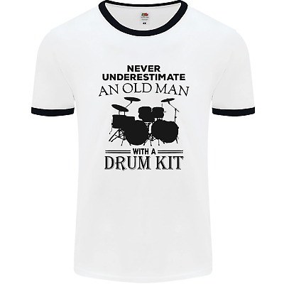 Old Man Drumming Drum Kit Drummer Funny Mens White Ringer T-Shirt