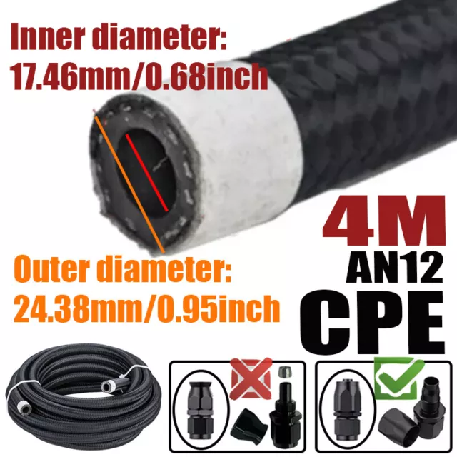 13FT AN12 12AN ID:0.68" Fuel Line Oil Hose Braided Nylon Stainless Steel CPE