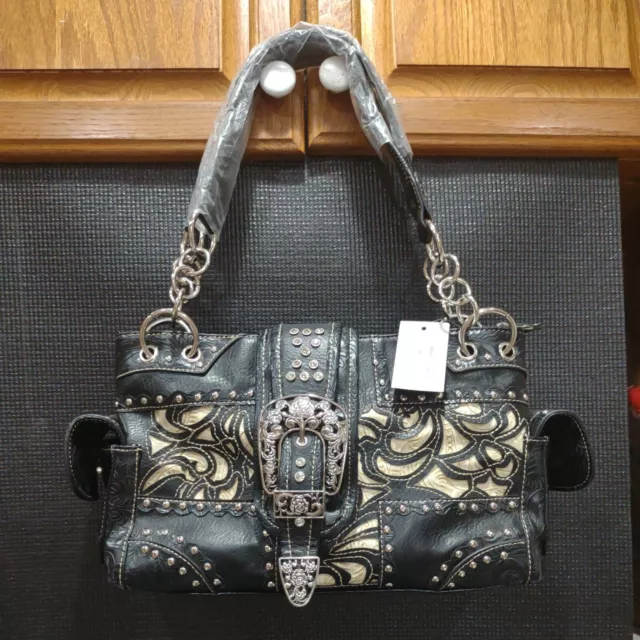 *SALE* Western Concealed Carry Cross BLACK Double Shoulder Handbag Purse Bag New