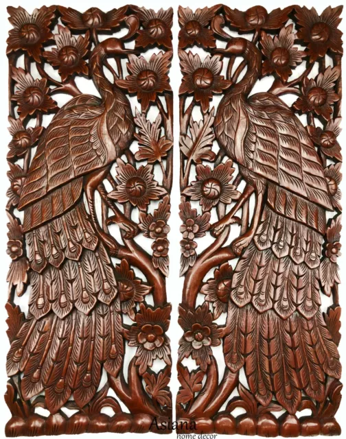 Peacock Animal Carved wood wall art panels Home Decor.Brown Extra Thick Set of 2