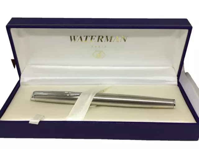 WATERMAN Brushed Steel M Tipped Fountain Pen Cased Blue Ink Boxed