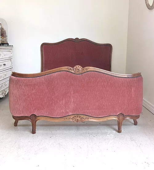 Dusky Pink Old French Upholstered Double Demi-Corbeille Louis Xv Bed