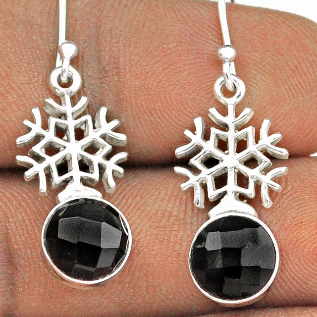 Handmade 5.98cts Snowflake Natural Black Onyx 925silver Dangle Earrings T88785