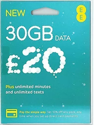 NEW OFFICIAL 30GB EE UK Sim Card Pay As You Go £20 Pack Data Unlimited TEXT PAYG