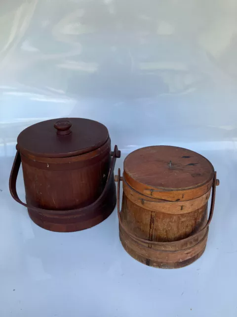 Pair (2pcs) Antique Primitive Wood Bucket Firkin sugar flour pantry 10"