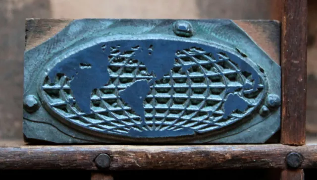 Map of the World Letterpress Print Block-- Vintage Typeset- Metal on Wood