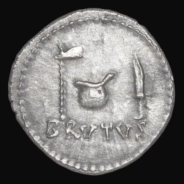 Bruto, asesino de Julio César, AR Imperatorial Denarius 43 a.C. Huelga de...