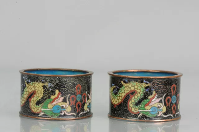 Pair antique Chinese Bronze Enamel ca 1900 Napkin Ring Dragon Unusual [:...