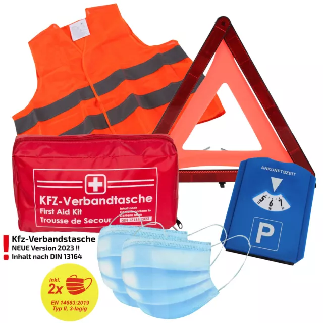 Verbandtasche Erste-Hilfe MHD 08.2028 + Warnweste ORANGE + Warndreieck + Parkuhr