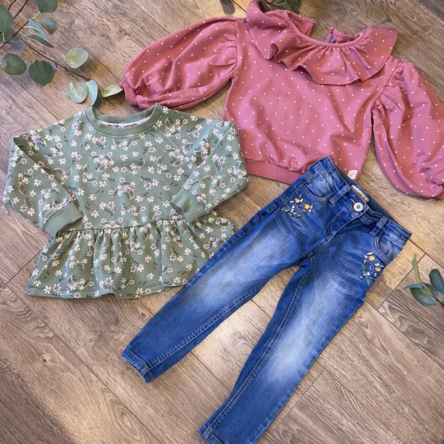 NEXT girls sweatshirts & jeans bundle frill neck peplum puff sleeve 4-5 yrs