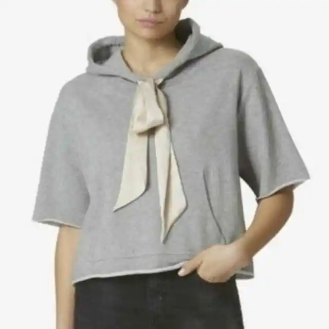 Avec Les Filles Cropped Gray Hoodie Satin Bow Drawstring Size Small
