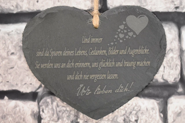 SCHIEFERHERZ HERZ mit Spruch Gravur Schiefer Grabstein Trauer Grabdeko